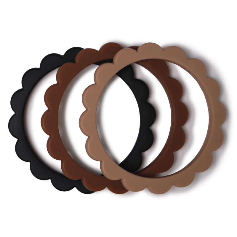 Σετ 3 Μασητικά Βραχιολάκια Σιλικόνης Flower Black-Natural-Caramel