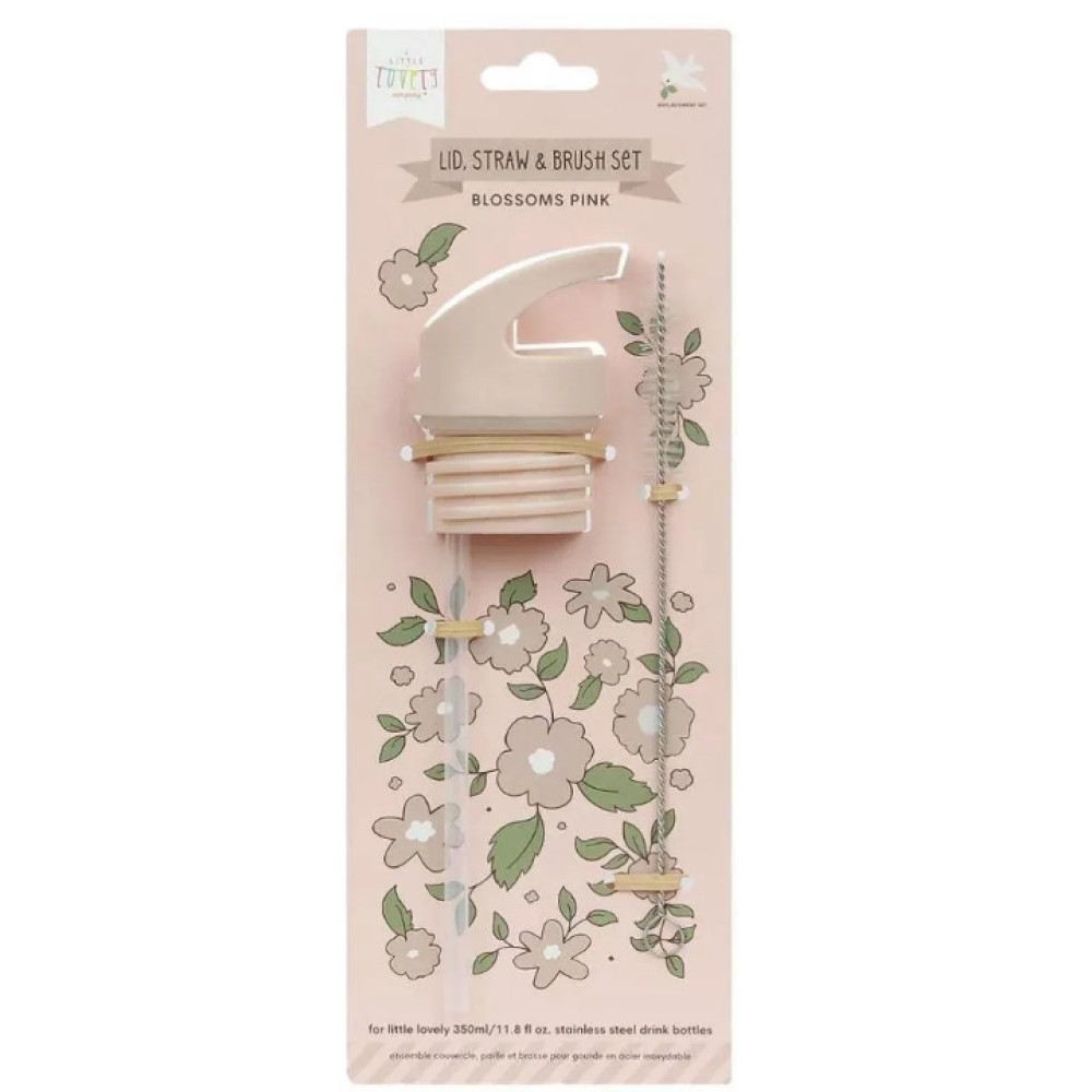 A Little Lovely Company Σετ καπάκι, καλαμάκι και βουρτσάκι Blossom Pink