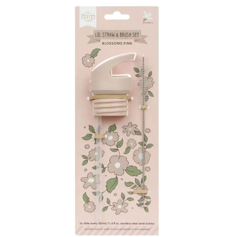 A Little Lovely Company Σετ καπάκι, καλαμάκι και βουρτσάκι Blossom Pink