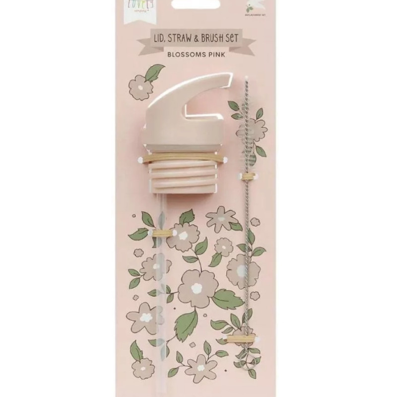 A Little Lovely Company Σετ καπάκι, καλαμάκι και βουρτσάκι Blossom Pink