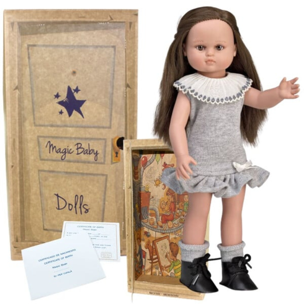 Magic Baby Παιδική Κούκλα "Nani Με Καστανά Μαλλιά Και Γκρι Vintage Φόρεμα" 33 cm 