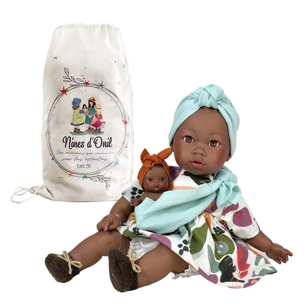 Nines D'Onil Παιδική Κούκλα Alika Με Φλοράλ Φόρεμα & Μωρό Σε Μάρσιπο  40 cm